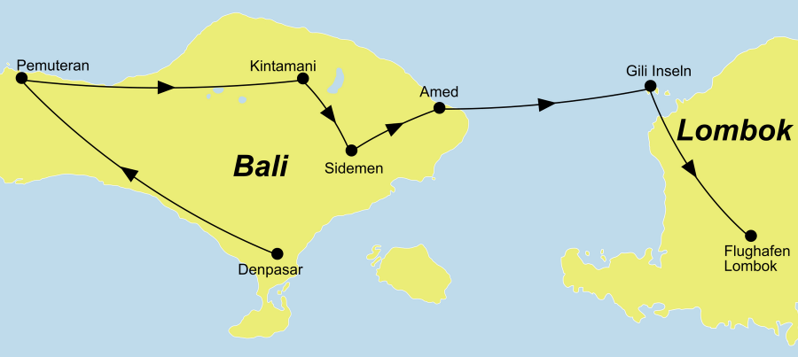 Der Reiseverlauf zu unserer Indonesien Reise Bali & Gili Inseln individuell entdecken startet in Denpasar und endet in Lombok.