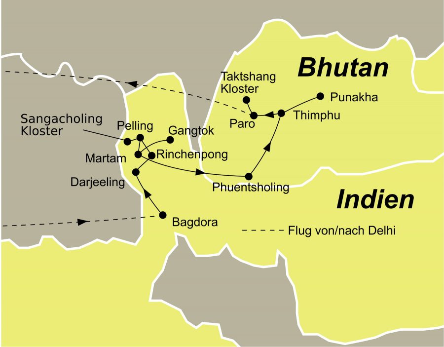 Der Reiseverlauf zu unserer Darjeeling - Sikkim - Bhutan Reise startet in Bagdogra (Indien) und endet in Delhi.