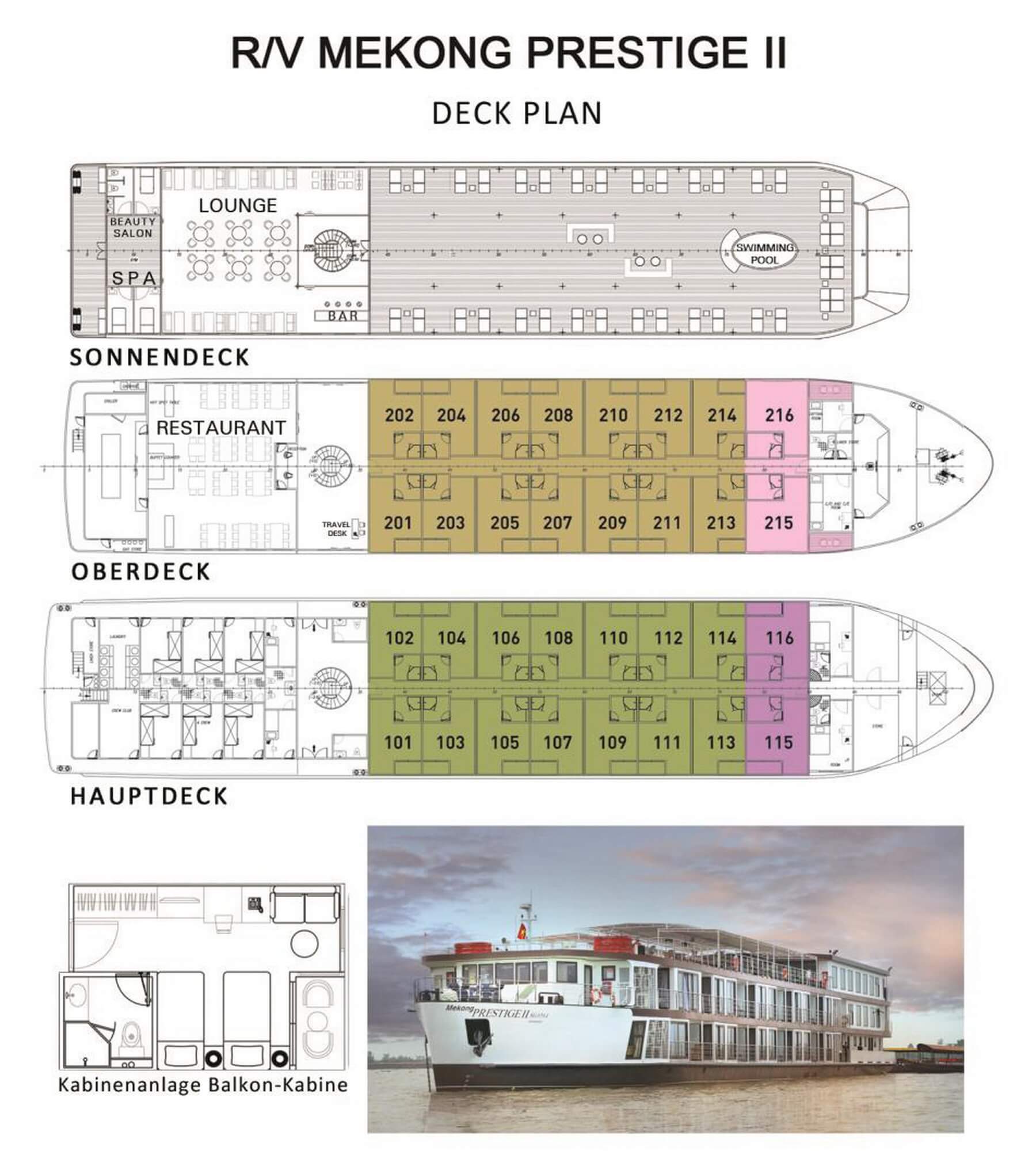 Der Deckplan der Mekong Prestige II zeigt die Verteilung der Kabinen auf dem Kreuzfahrtschiff