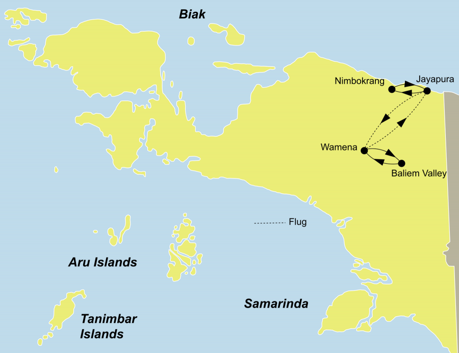 Die Iran Jaya Rundreise führt von Jayapura über Wamena, Dani Weiler, Baliem Schlucht, Pass-Valley, Habema See, Baliem Valley, Wamena, Jayapura, Nimbokrang zurück nach Jayapura.
