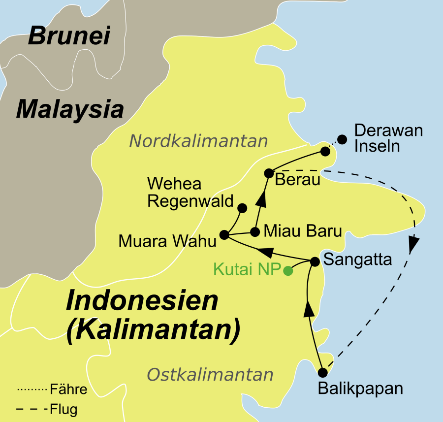 Der Reiseverlauf zu unserer Indonesien Reise Kalimantan Rundreise Wildlife startet in Balikpapan und endet auf Derawan Island.