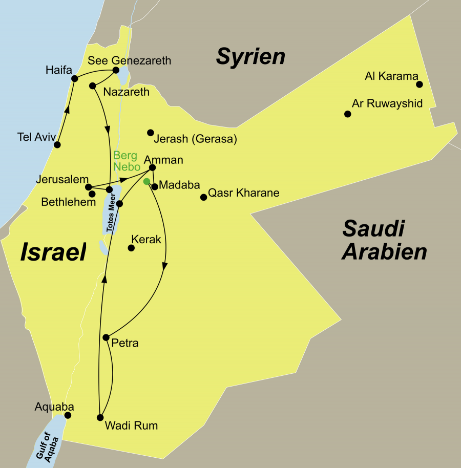 Die Jordanien Rundreise führt von Tel Aviv über Jaffa – Caesarea Maritima – Haifa – Akko – See Genezareth – Tabgha – Kapernaum – Galiläa - Nazareth – Beit Alfa – Totes Meer – Jerusalem – Amman – Madaba – Berg Nebo – Shobak – Petra – WadiRum – Totes Meer nach Amman.