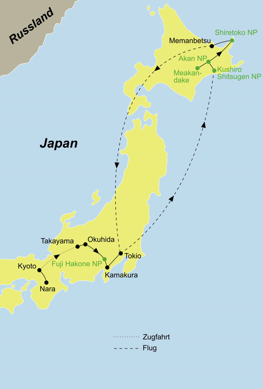 Der Reiseverlauf zu unserer Japan Reise - Japan erleben startet in Kyoto und endet in Tokyo.