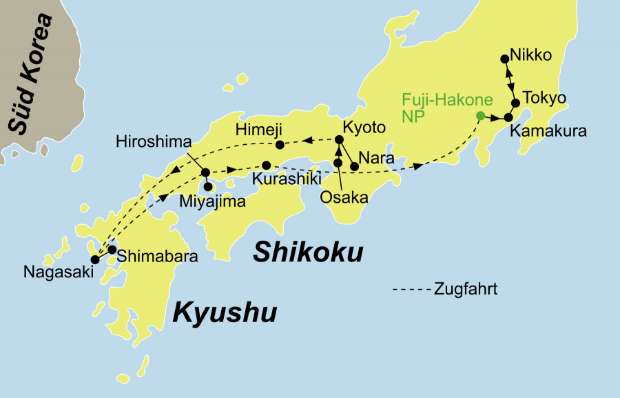 Der Reiseverlauf zu unserer Japan Reise - Japan Fuji startet in Osaka und endet in Tokio (Nikko).