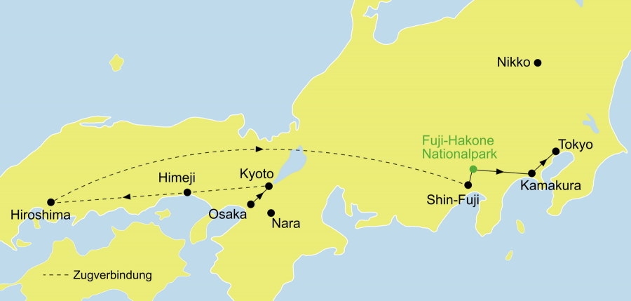 Der Reiseverlauf der Japan Reise - Japan für Individualisten startet in Osaka und endet in Tokio.