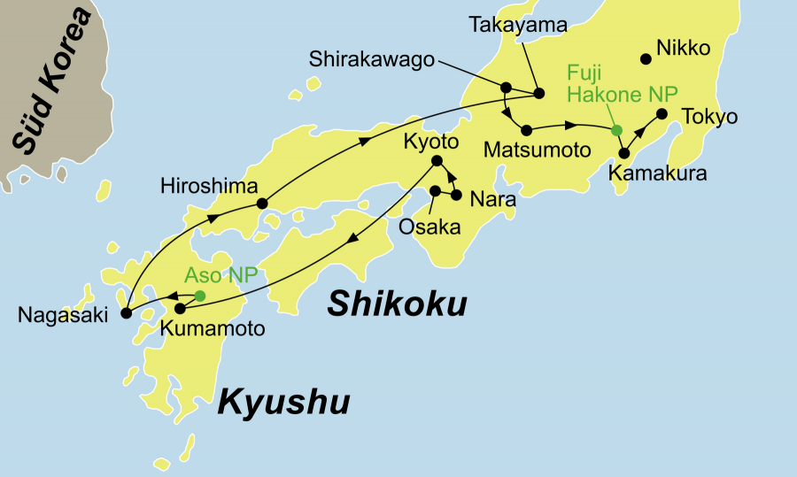 Der Reiseverlauf zu unserer Japan Reise - Japan Sumo startet in Osaka und endet in Tokio (Nikko).