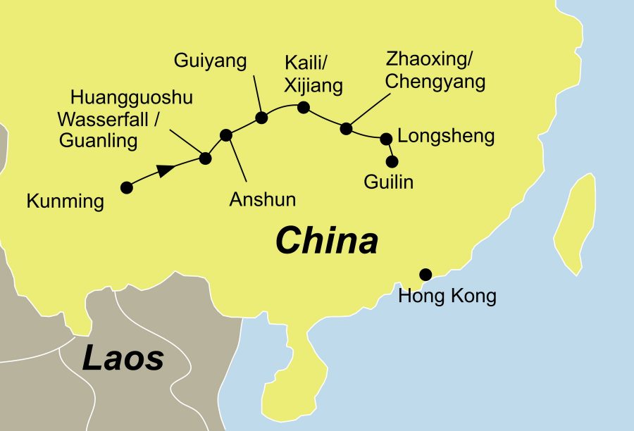 Die Reiseroute der China Rundreise führt von Kunming über Guanling, Huangguoshu Wasserfall, Anshun, Guiyang, Kaili, Xijiang, Zhaoxing, Chengyang, Longsheng nach Guilin.