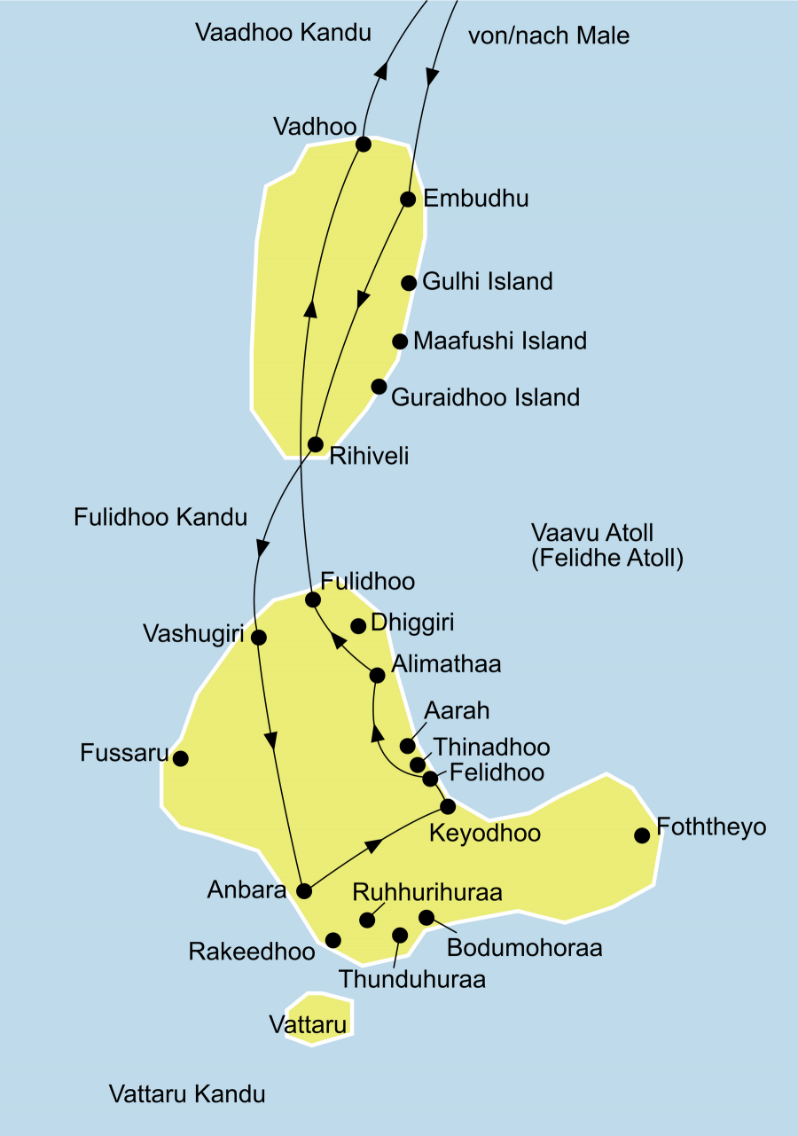 Der Reiseverlauf zu unserer Malediven Reise - Inselhopping mti der MV Aisha startet und endet in Male.