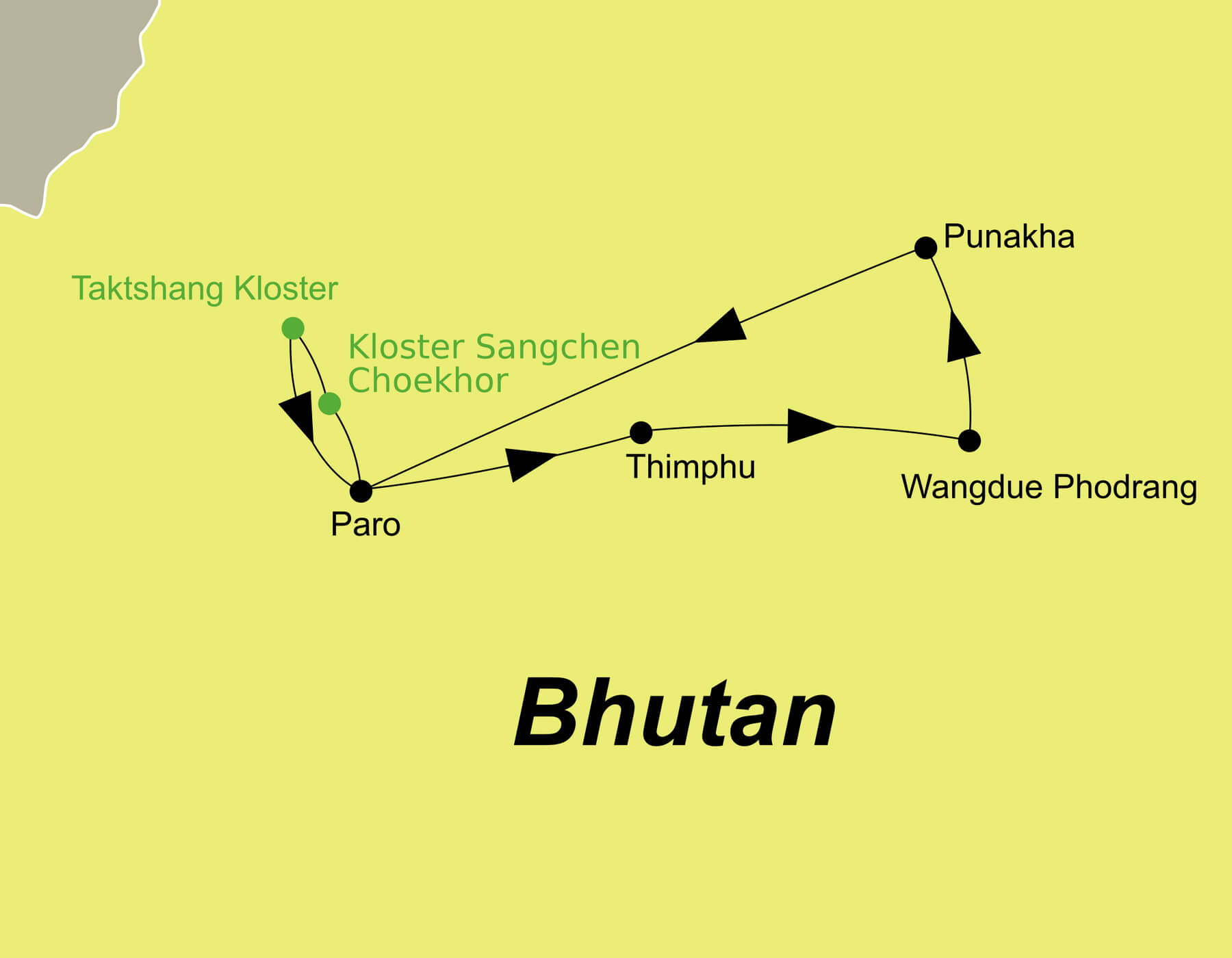 Die Bhutan Rundreise führt von Paro über Thimphu, Wangdue Phodrang das Punakha-Taldas, das Kloster Sangchen Choekhor und das Taktshang Kloster wieder zurück nach Paro.