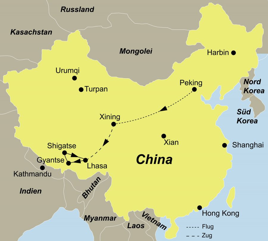 Die Reiseroute der China Rundreise führt von Peking über Xining, Tibet-Bahn bzw. Lhasa Bahn ,Lhasa, Gyantse, Shigatse nach Lhasa.