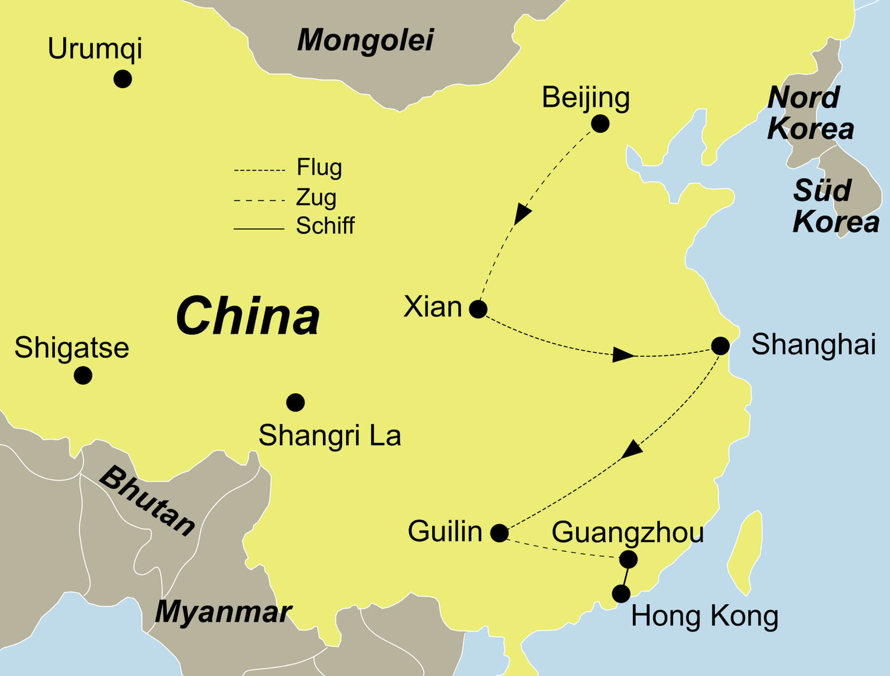 Der Reiseverlauf zu unserer China Reise: China Höhepunkte startet in Peking und endet in Hongkong.