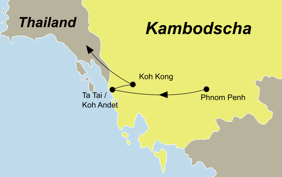 Die Nachhaltig Reisen Kambodscha Rundreise führt von Phnom Penh über Ta Tai, Koh Andet, Koh Kong nach Thailand.