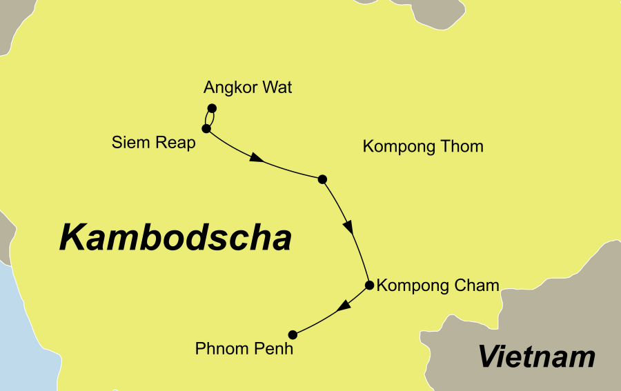 Der Reiseverlauf zu unserer Kambodscha Reise Angkor Wat versunkene Königreiche startet in Siem Reap und endet in Phnom Penh.
