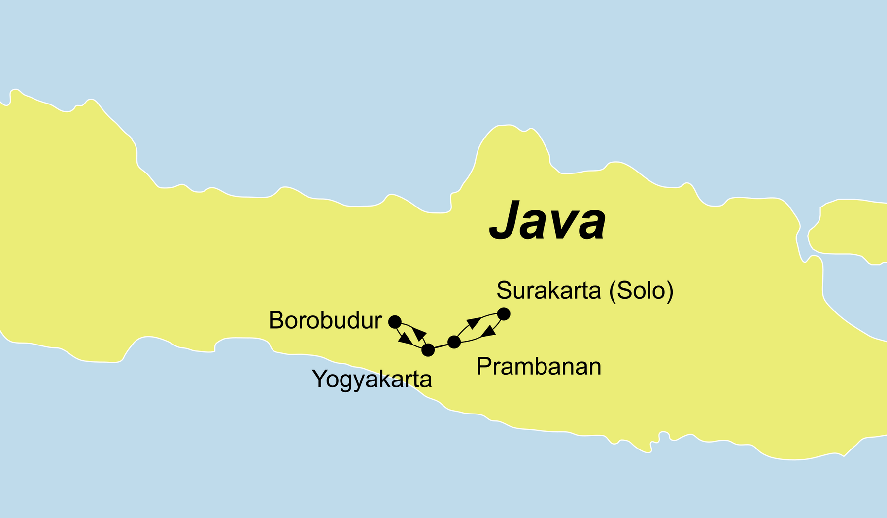 Die Java Rundreise führt von Yogyakarta nach Solo oder zurück nachYogyakarta.