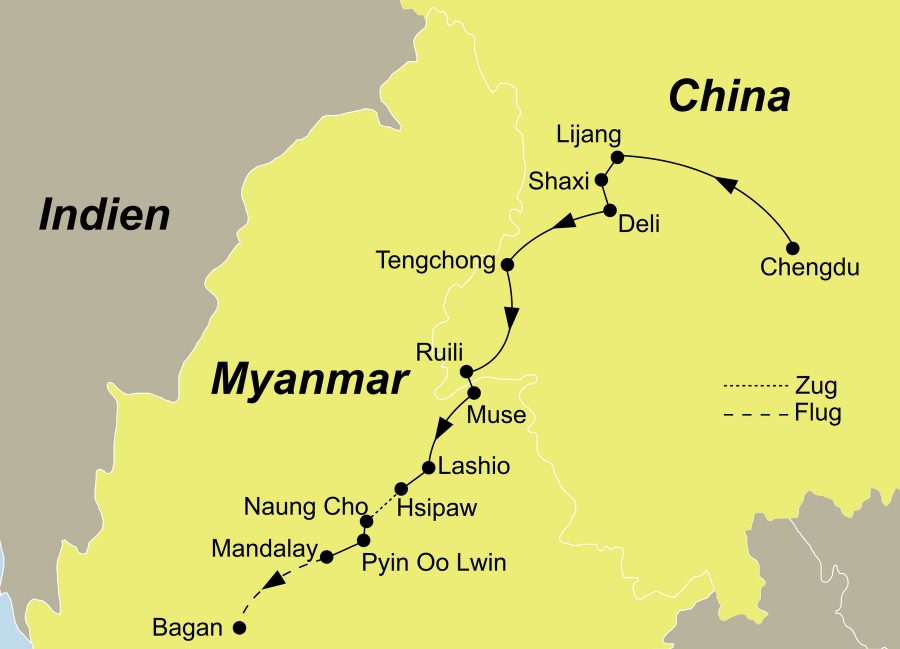 Die China Myanmar Rundreise führt von Chengdu über Lijiang, Shaxi, Dali, Old Burma Road, Tengchong, Ruili, Muse, Lashio, Hsipaw, Kyauk Me, Naung Cho, Pyin Oo Lwin, Mandalay, Amarapura, Sagaing nach Bagan.