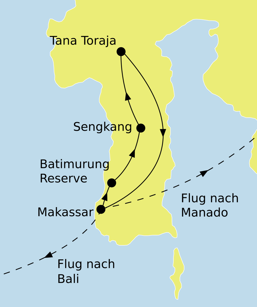 Der Reiseverlauf zu unserer Indonesien Reise Sulawesi Erlebnisreise startet in Makassar und endet in Denpasar oder Manado.