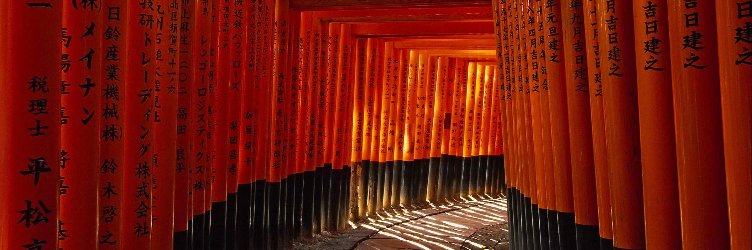 Der Toriiweg bei der Fushimi Inari Tempelanlage Die Torii-Alleen sind verteilt ueber die ganze Anlage. Sie sind Spenden von Unternehmen, Familien oder Personen.