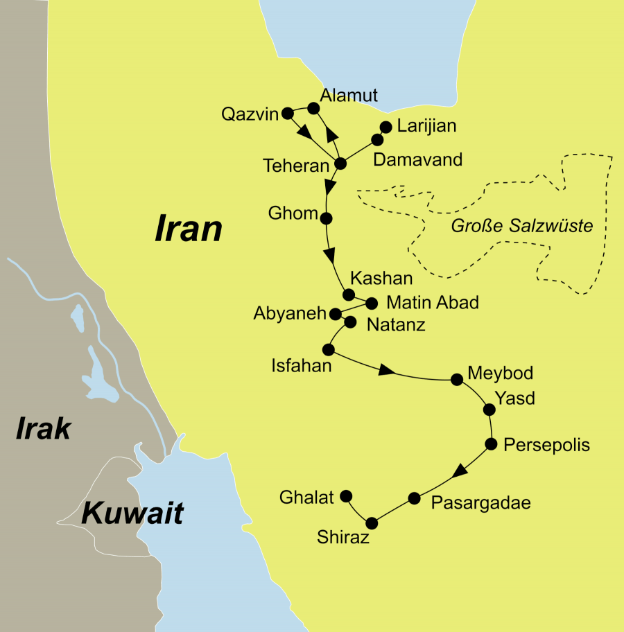 Die Reiseroute der Persien erleben Aktivreise beginnt inTeheran und endet in Shiraz.