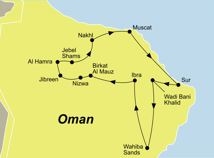 Der Reiseverlauf zu unserer Best of Oman Reise startet in Muscat und endet in Muscat