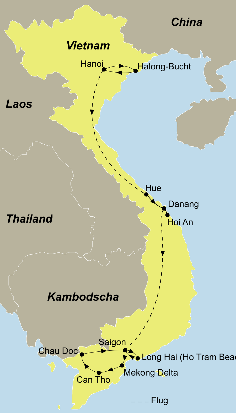 Der Reiseverlauf zu unserer Vietnam Reise - Best of Vietnam startet in Hanoi und endet in Saigon.