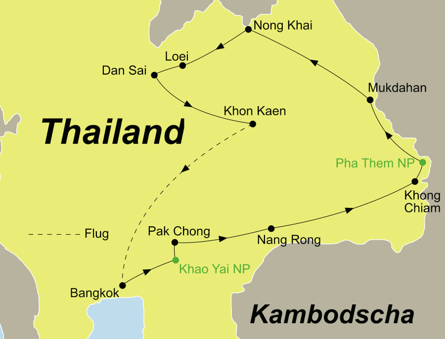 Die Reiseroute unserer Isaan Ostthailand Erlebnis-Rundreise führt von Bangkok über den Khao Yai Nationalpark, Pak Chong, Nang Rong, Khong Chiam, Mukdahan, Nong Khai, Loei, den Phu Luang Nationalpark und Dan Sai nach Khon Kaen.