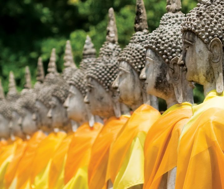 Entlang der Einfassungsmauer im Garten des Wat Yai Chai Mongkon in Ayutthaya sind zahlreiche Buddha-Statuen aufgereiht.