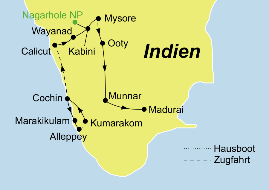 Die Südindien Hautnah erleben Rundreise führt von Cochin über Mysore und Munnar nach Madurai.