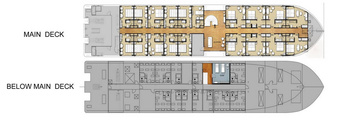 Auf dem Deckplan der The Strand Cruise ist die Verteilung der Kabinen sowie der verschiedenen Einrichtungen an Bord des Schiffes ersichtlich.