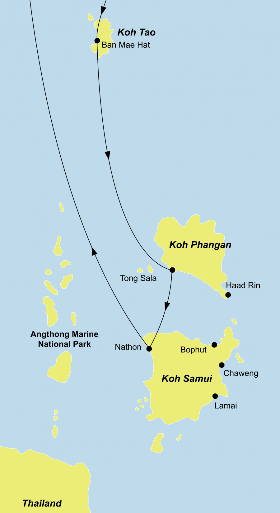 Der Reiseverlauf zu unerer Thailand Reise führt von Bangkok über Koh Tao – Koh Phangan nach Koh Samui