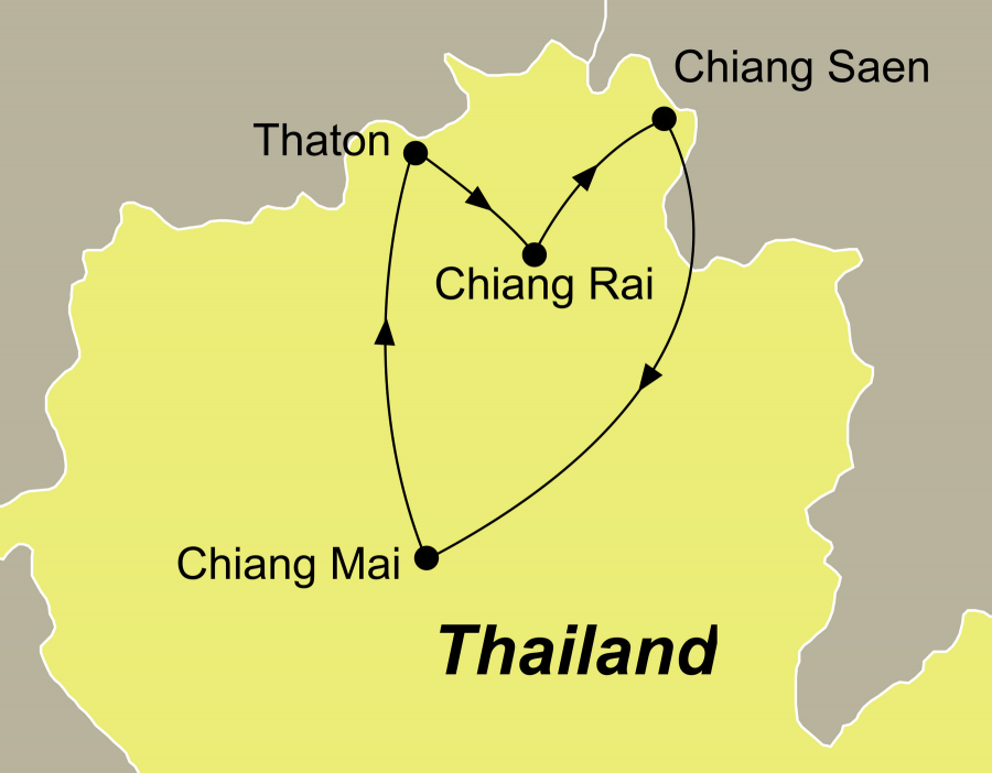 Die Thailand Norden Rundreisen führen von Chiang Mai über Thaton, Chiang Rai das Goldene Dreieck und Chiang Saen zurück nach Chiang Mai.