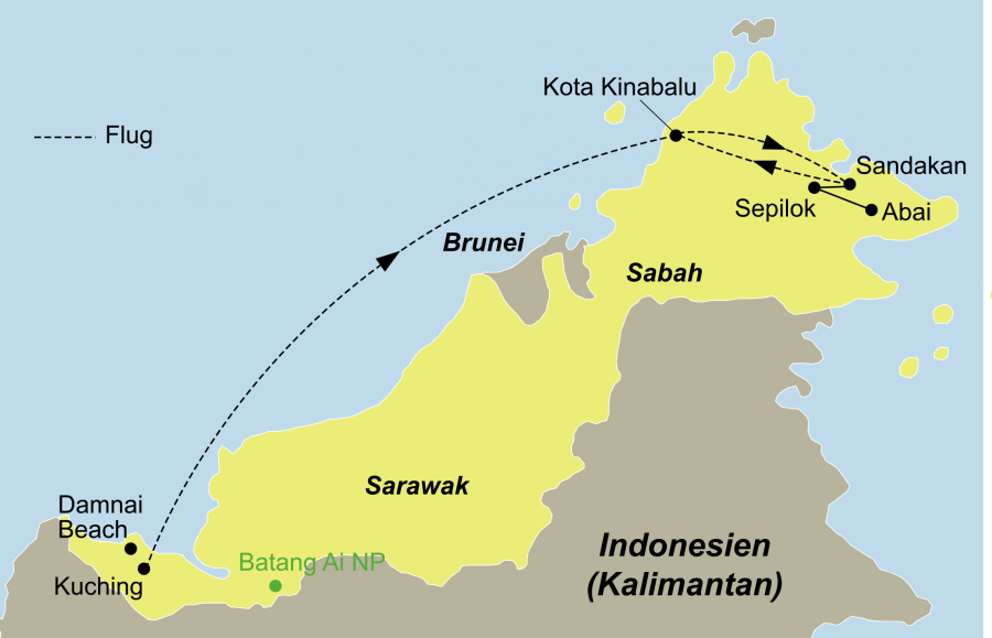 Die Rundreise im Land der Orang-Utans führt von Kuching nach Kota Kinabalu und Sandakan