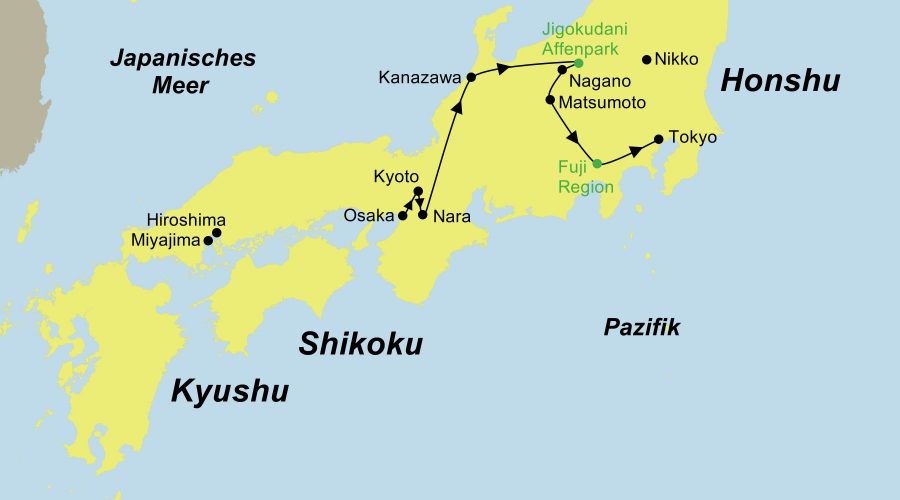Die Reiseroute der Japan Gruppenreise Bonsai führt von Osaka über Kyoto, (Hiroshima & Miyajima) Nara, Kanazawa, den Jigokudani Monkey Park, Nagano, Matsumoto und den Berg Fuji nach Tokyo (Nikko).