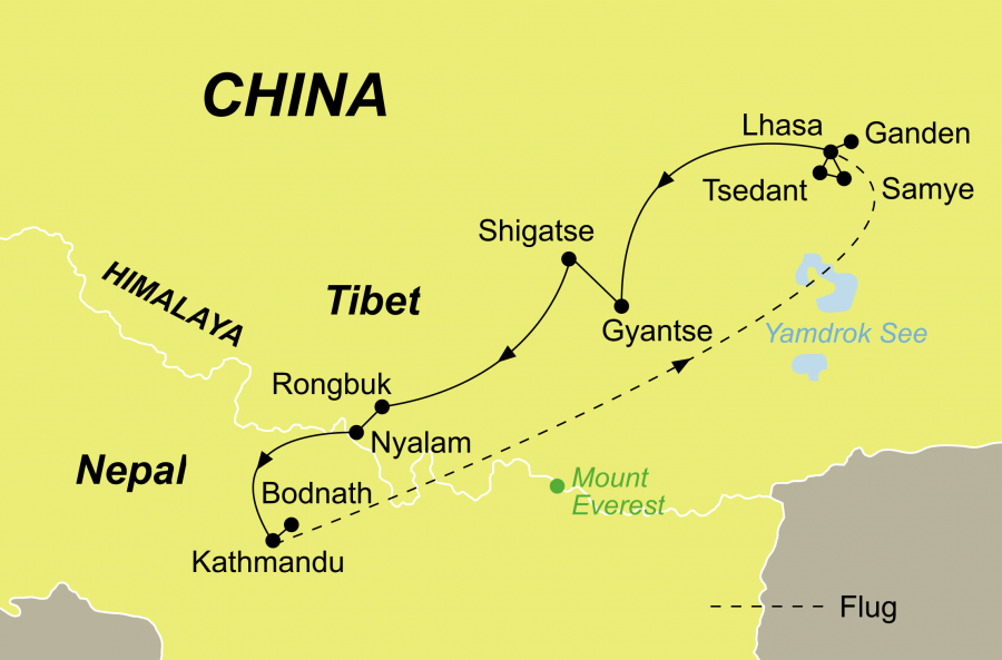 Die Klostertour Nepal und Tibet Rundreise führt von Kathmandu über Lhasa zurück nach Kathmandu