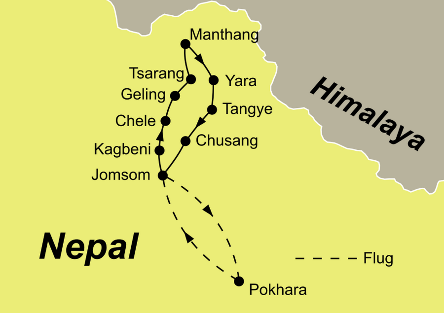 Die Reiseroute der Mustang Trekking Reise ab/bis Pokhara n Nepal