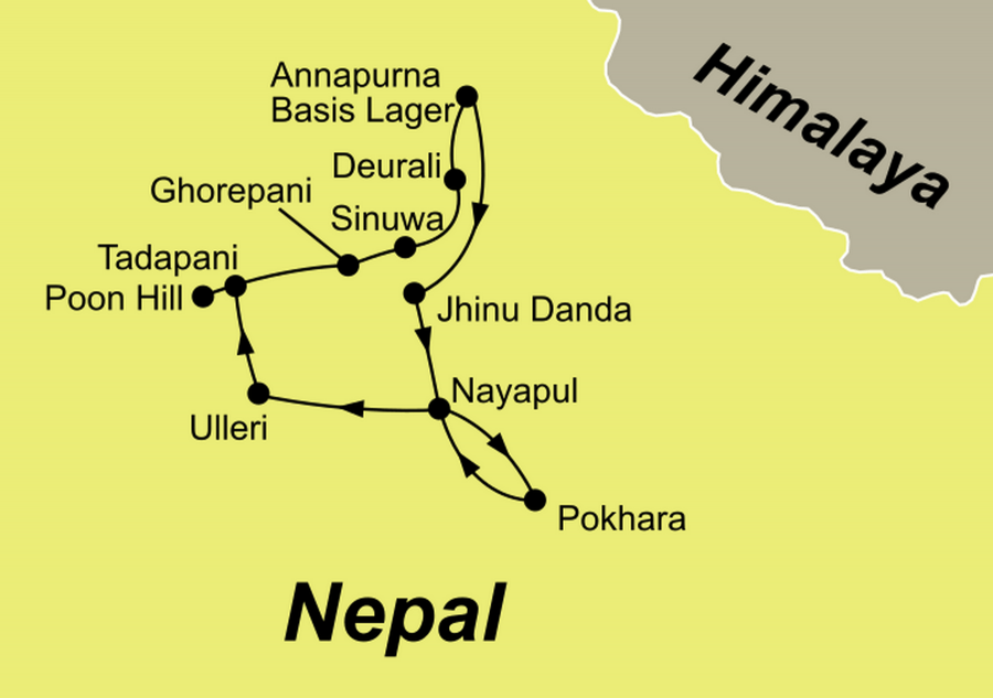 Die Reiseroute der Trekkingreise Annapurna Basecamp in Nepal ab/ bis Pokhara