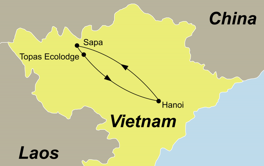 Die Reiseroute unserer Sapa Vietnam Tour führt von Hanoi über Sapa zurück nach Hanoi.