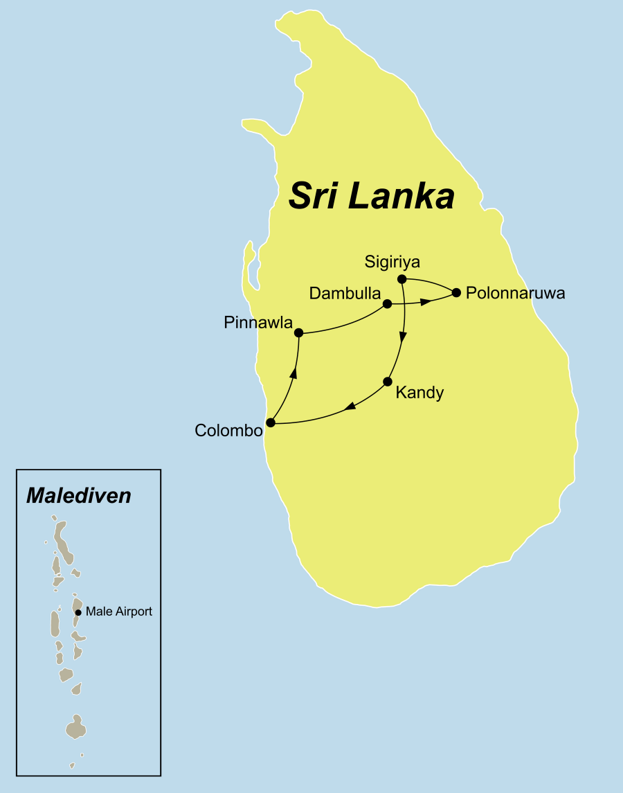 Die Sri Lanka und Malediven Urlaub und abtauchen Rundreise führt von Colombo nach Sigiriya und Polonnaruwa nach Kandy und anschließend auf die Malediven