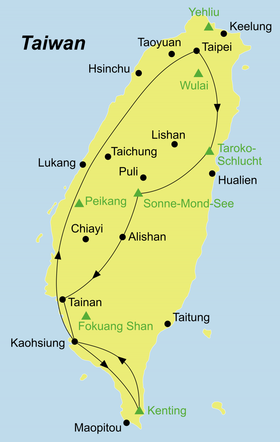 Die Taiwan individuell Rundreise führt von Taipeh (Taipei) über Taroko, Sonne-Mond-See, Alishan, Tainan, Kaohsiung, Kenting Nationalpark zurück nach Taipei (Taipeh).