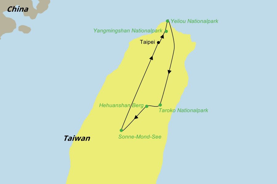 Die Wandern Taiwan Rundreise führt von Taipeh über Yangmingshan Nationalpark, Yeliou Nationalpark, Taroko Nationalpark Hehuanshan Berg zum Sonne-Mond-See.