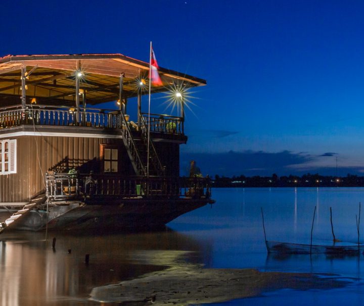 The Vat Phou boat, a floating hotel cruising on the Mekong River, Southern Laos