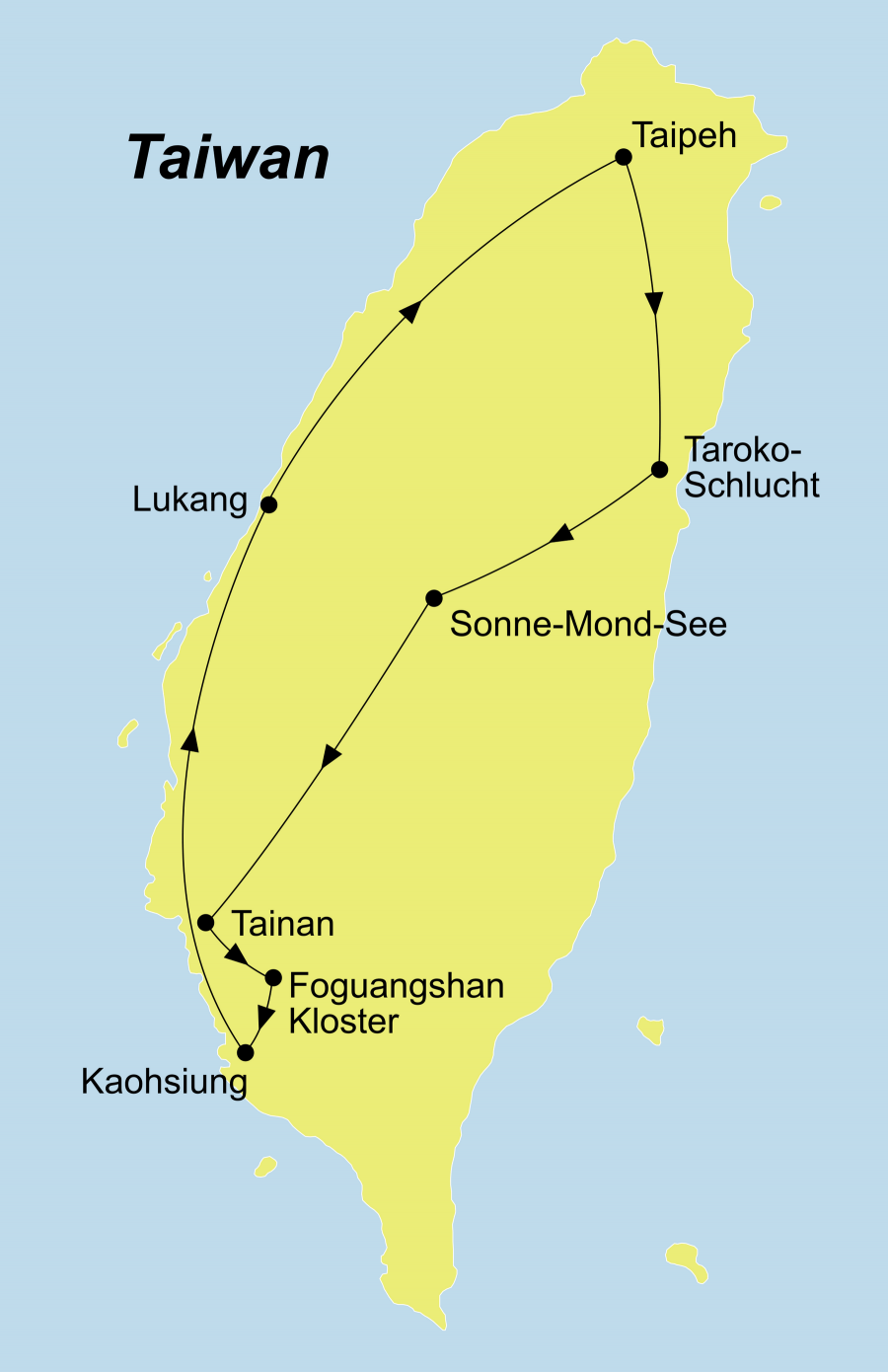 Der Reiseverlauf der Faszination Taiwan Rundreise – Highlights Taiwan führt von Taipeh über den Taroko-Nationalpark, den Sonne-Mond-See, Tainan, das Foguangshan Kloster, Kaohsiung und Lukang wieder zurück nach Taipeh.