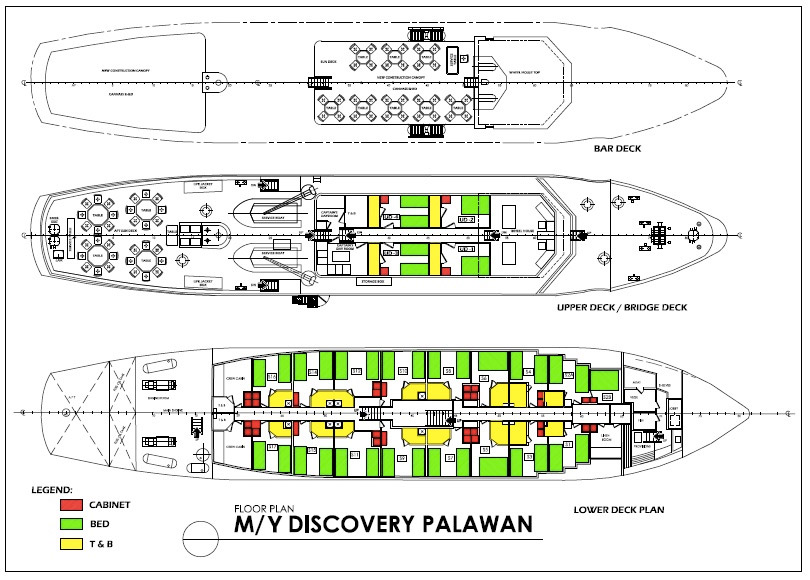 Das Kreuzfahrtschiff „Discovery Palawan“ verfügt über insgesamt 20 Gästekabinen, 16 davon auf dem Unterdeck sowie 4 auf dem Oberdeck.