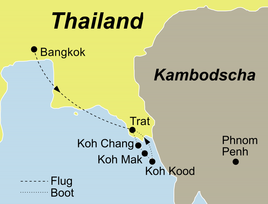 Der Reiseverlauf zu unserer Thailand Reise führt von Koh Chang über Koh Kham – Koh Mak – Koh Rang – Koh Kood zurück nach Koh Chang.
