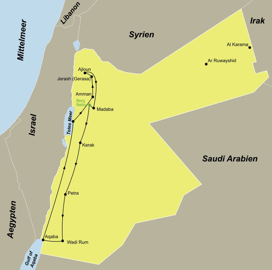 Der Reiseverlauf zu unserer Jordanien Reise Jordanien Kompakt startet und endet in Amman.