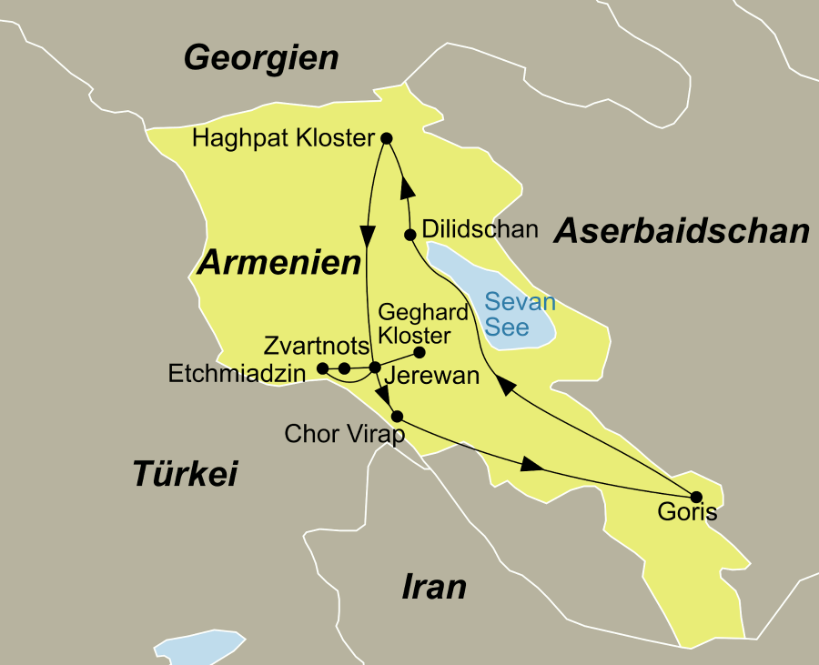 Die Reiseroute der Armenien Gruppenreise in die Wiege des Christentums führt von Jerewan über Etchmiadzin, Zvartnots, das Geghard Kloster, Chor Virap, Goris, den Sevan See, Dilidschan und das Haghpat Kloster wieder zurück nach Jerewan.