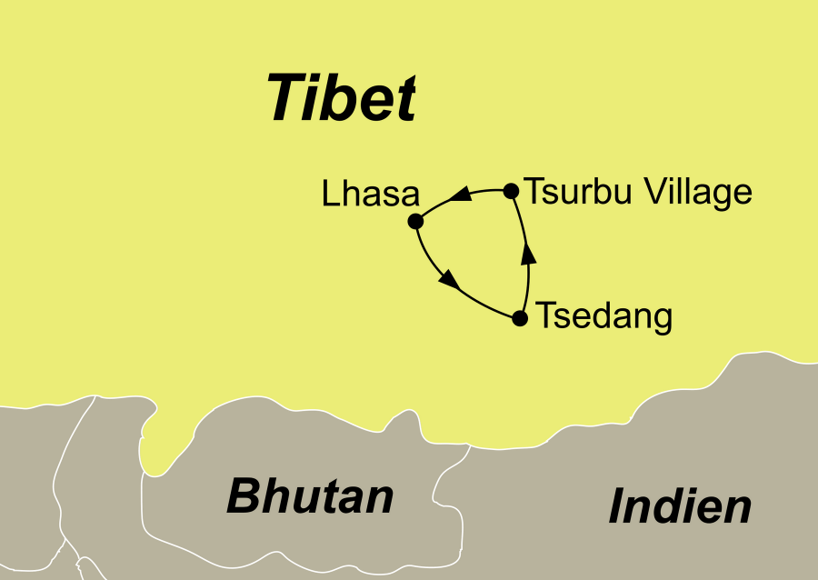 Die Reiseroute der Reise die Wiege der tibetischen Kultur führt von Lhasa über Tsedang und Tsurbu Village wieder zurück nach Lhasa.