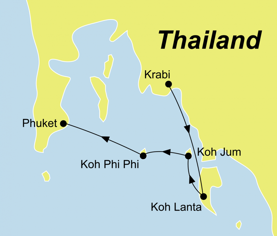 Die Rundreise Inselparadiese Thailand führt von Krabi über Koh Jum, Koh Lanta und Koh Phi Phi nach Phuket.