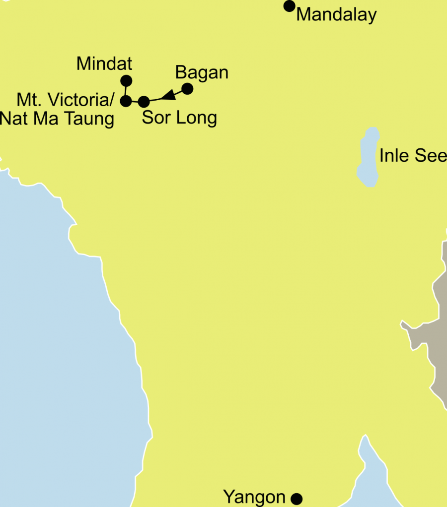 Die Myanmar Aktiv Rundreise führt von Bagan nach Sor Long, Mt. Victoria/Nat Ma Taung und Mindat wieder zurück nach Bagan.