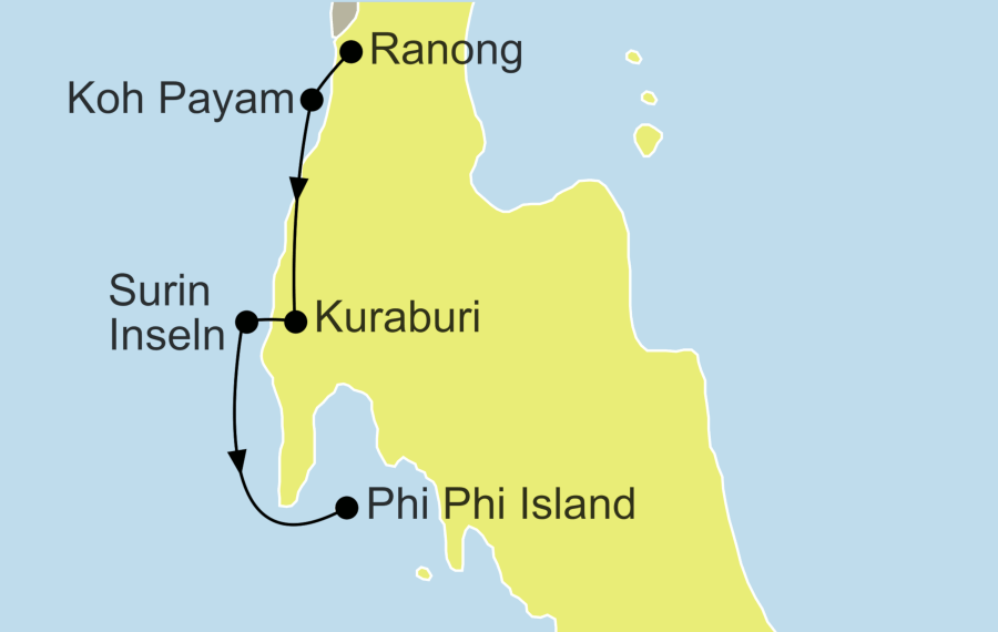 Die Honeymoon in Thailand Rundreise führt von Ranong über Koh Phayam, Kuraburi und die Surin Inseln nach Koh Phi Phi.