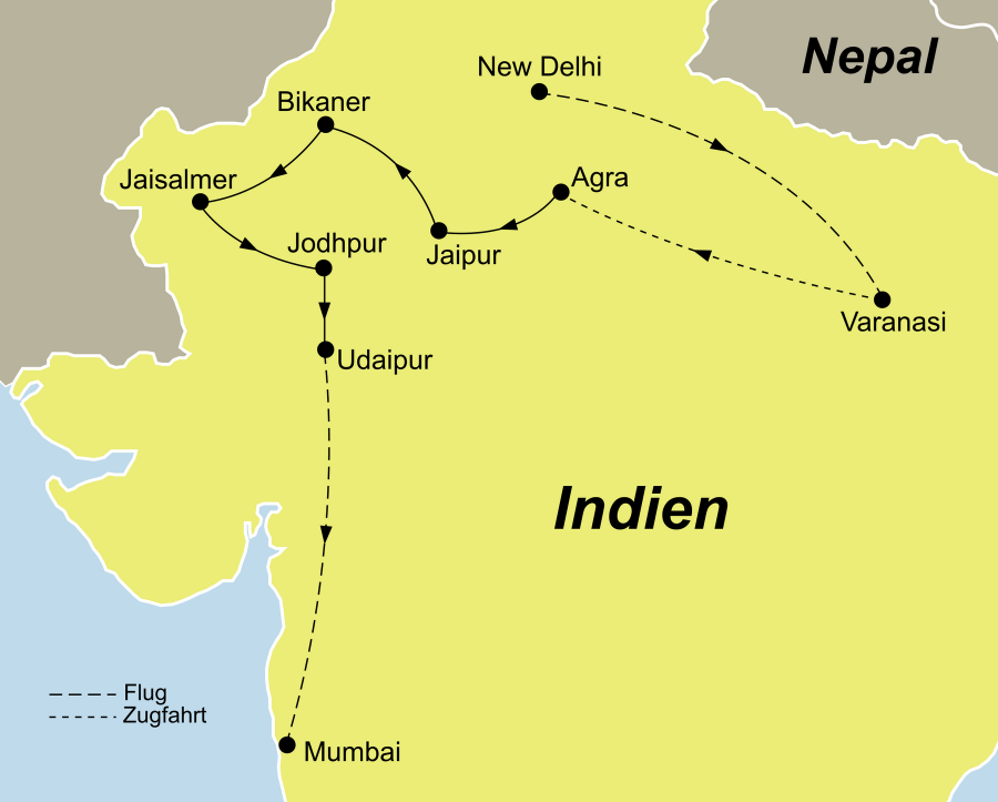 Die Indien Erleben Rundreise führt von Delhi über Varanasi, Sarnath, Agra, Jaipur, Shekhawati, Bikaner, Jaisalmer , Jodhpur, Ranakpur, und Udaipur nach Mumbai.